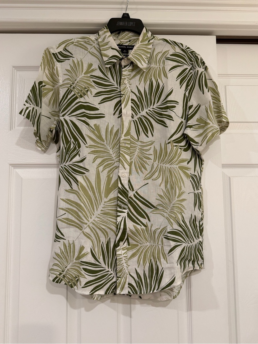 Michael Kors Men’s LinenGreen Palm Print Short-Sleeve Shirt Classic fit Size M